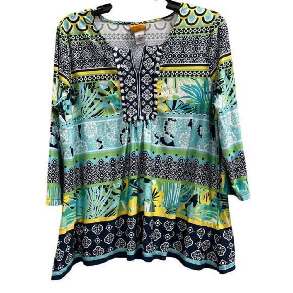 RUBY RD. Y neck tropical floral 3/4 sleeve textured blouse sz PL